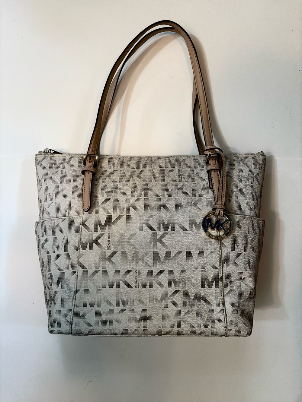 Michael Kors Vanilla Taupe Jet Set Logo Tote with Tan Handles